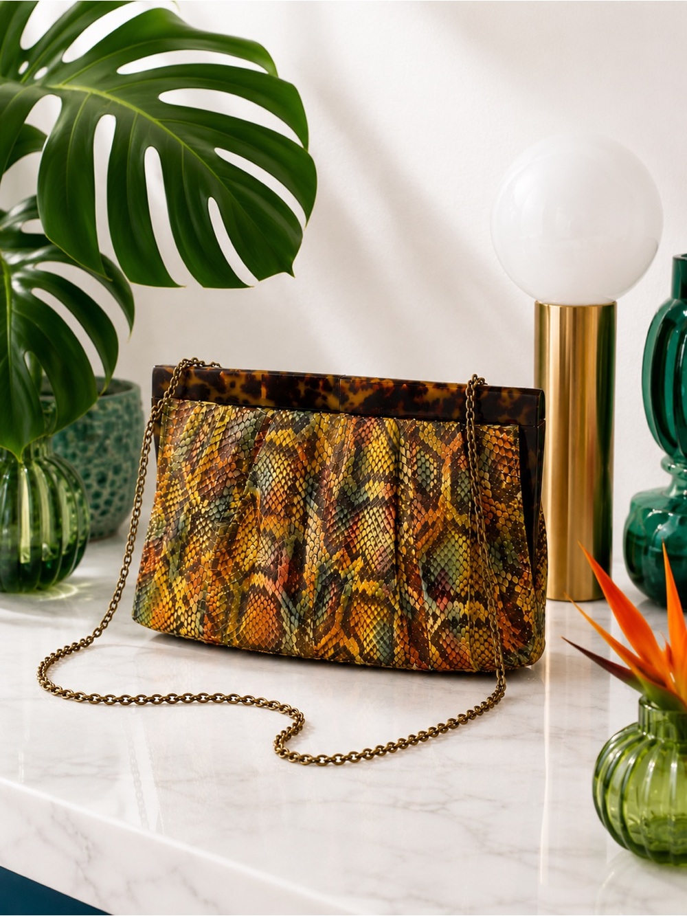 Kotur Genuine Python Clutch – Multicolor Exotic Leather | Tortoise Lucite Frame